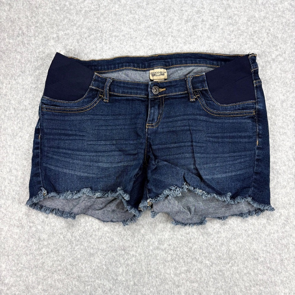 Indigo Blue Jean Shorts Womens Medium Blue Denim Maternity Frayed Hem Stretch